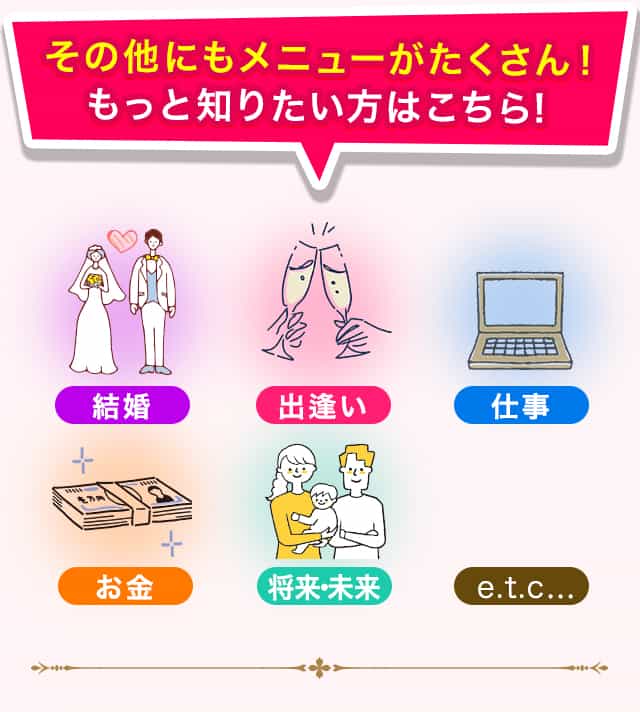 その他にもメニューがたくさん！もっと知りたい方はこちら！結婚/出逢い/仕事/お金/将来・未来/e.t.c……