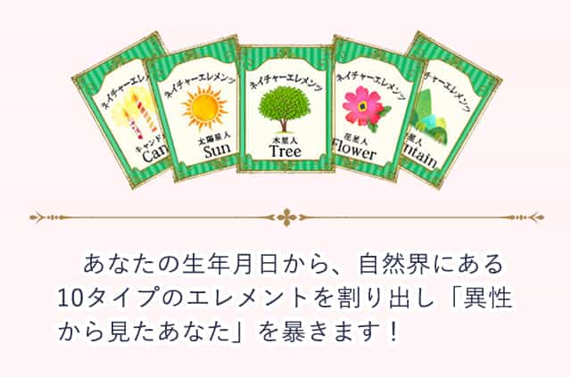 あなたの生年月日から、自然界にある
					10タイプのエレメントを割り出し「異性から見たあなた」を暴きます！